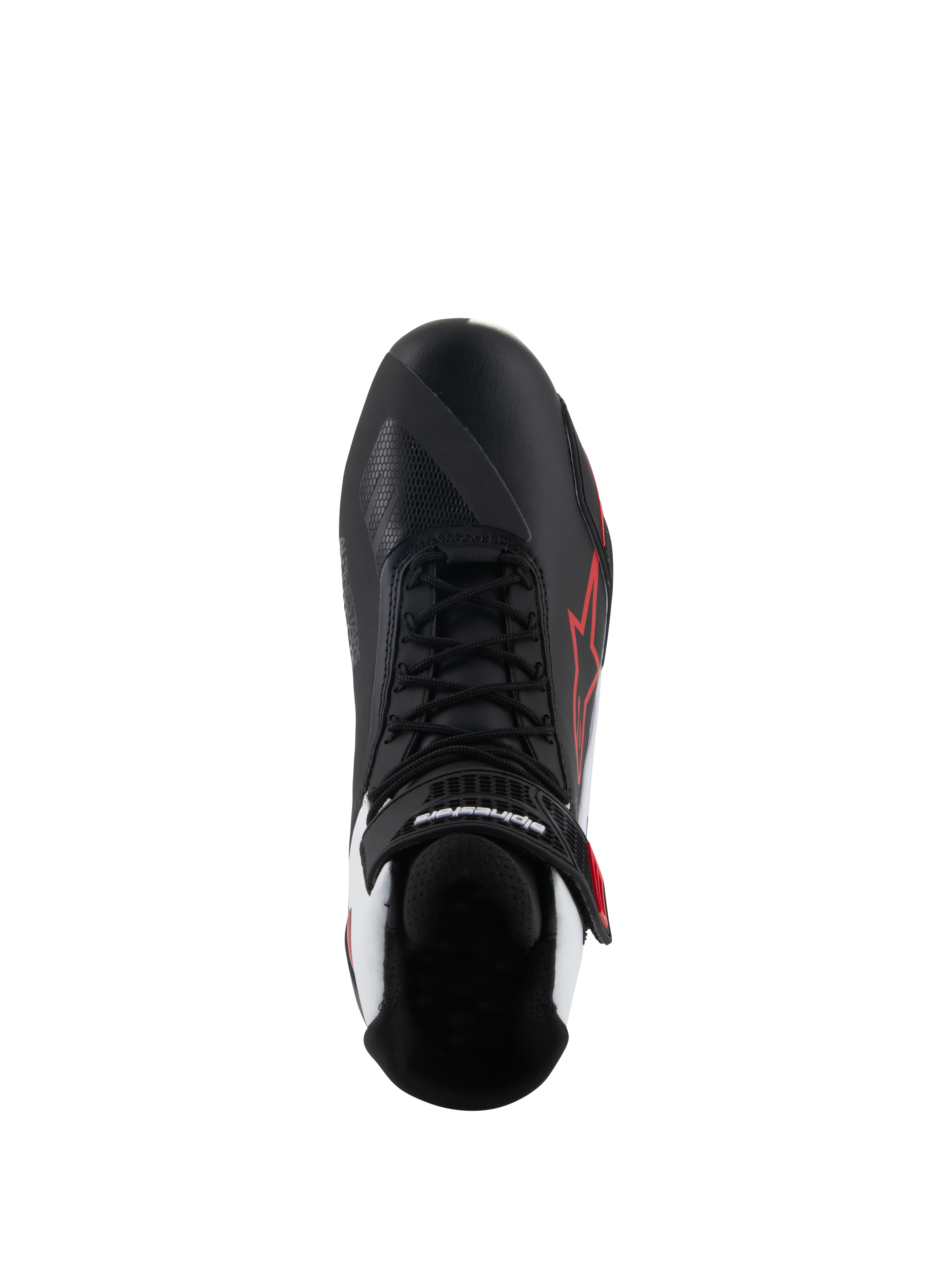 Alpinestars Faster-4 schoenen, motorrijschoenen, zwart wit rood, bovenaanzicht met zwarte veters en klittenbandsluiting aan de enkel, rood Alpinestars-sterlogo aan de zijkant, witte accenten op de hiel, asymmetrisch teenontwerp voor het schakelen.