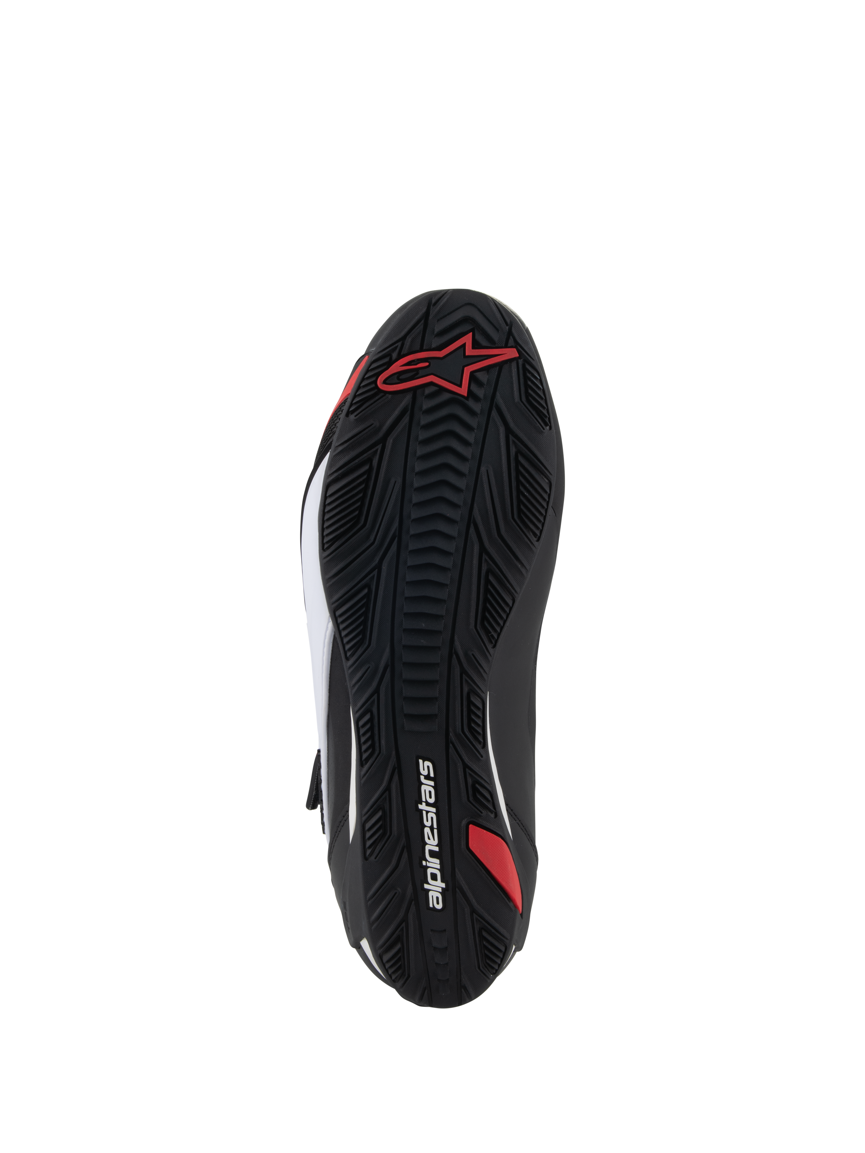 Alpinestars Faster-4 schoenen, motorschoenen, onderaanzicht van de zool, zwart rubber met getextureerd gripprofiel, voorzien van rood Alpinestars-logo en witte merknaam, ontworpen voor weg- en sportgebruik