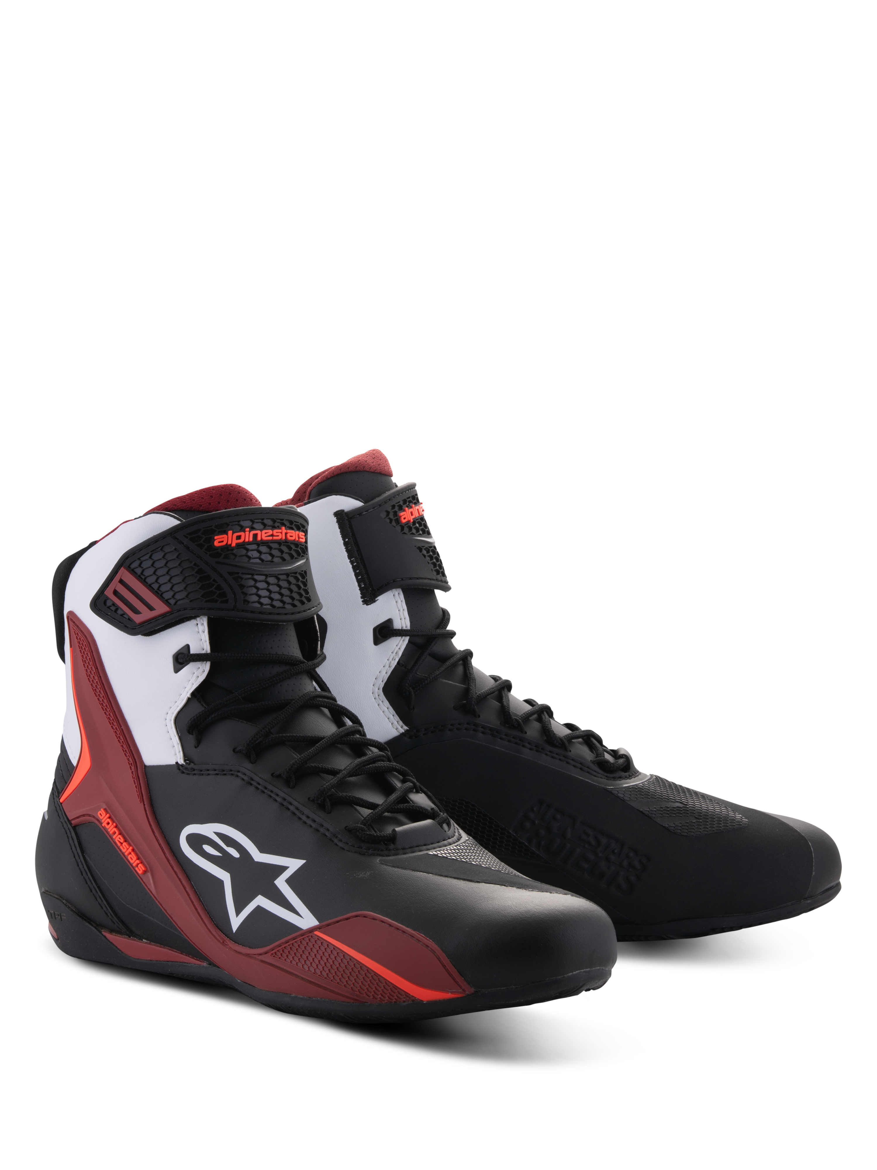 Alpinestars Faster-4 Shoes, Motorcycle Riding Shoes, Black White and Dark Red, featuring lace-up closure with an ankle strap, white Alpinestars logo on the side, sporty design with reinforced protection for road riding