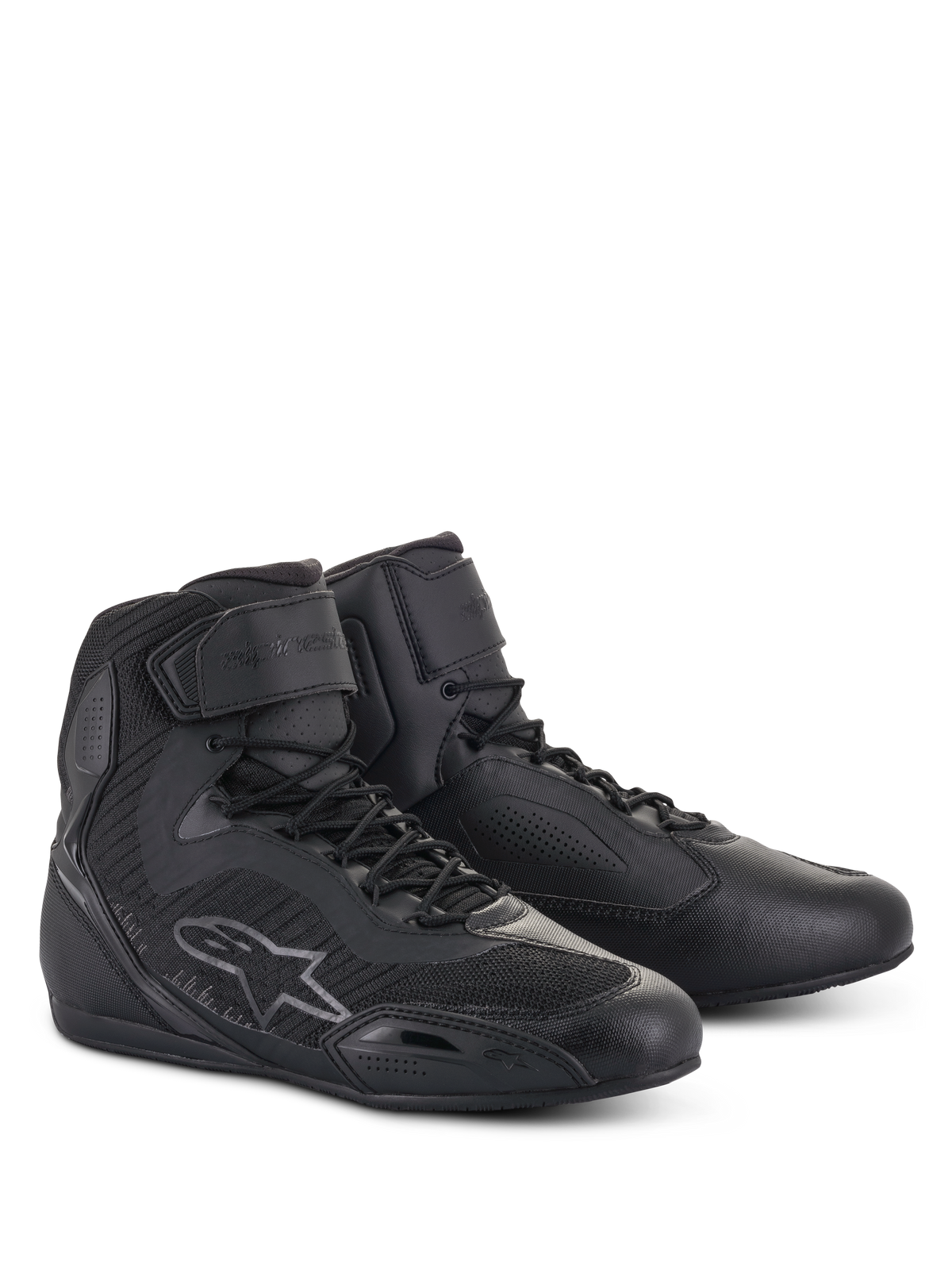 Alpinestars Women Stella Faster-3 Rideknit schoenen, halfhoge motorschoenen in Black Anthracite, naadloos gebreide constructie voor ademend vermogen, vetersluiting met klittenband enkelband, Alpinestars logo aan de zijkant, versterkte beschermingspanelen en een slank, sportief ontwerp