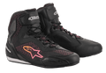 Alpinestars Women Stella Faster-3 Rideknit® Shoes, Black with Yellow and Pink accents, motorcycle riding shoes featuring a breathable knitted upper, secure lace-up closure with a Velcro ankle strap, and protective reinforced panels.