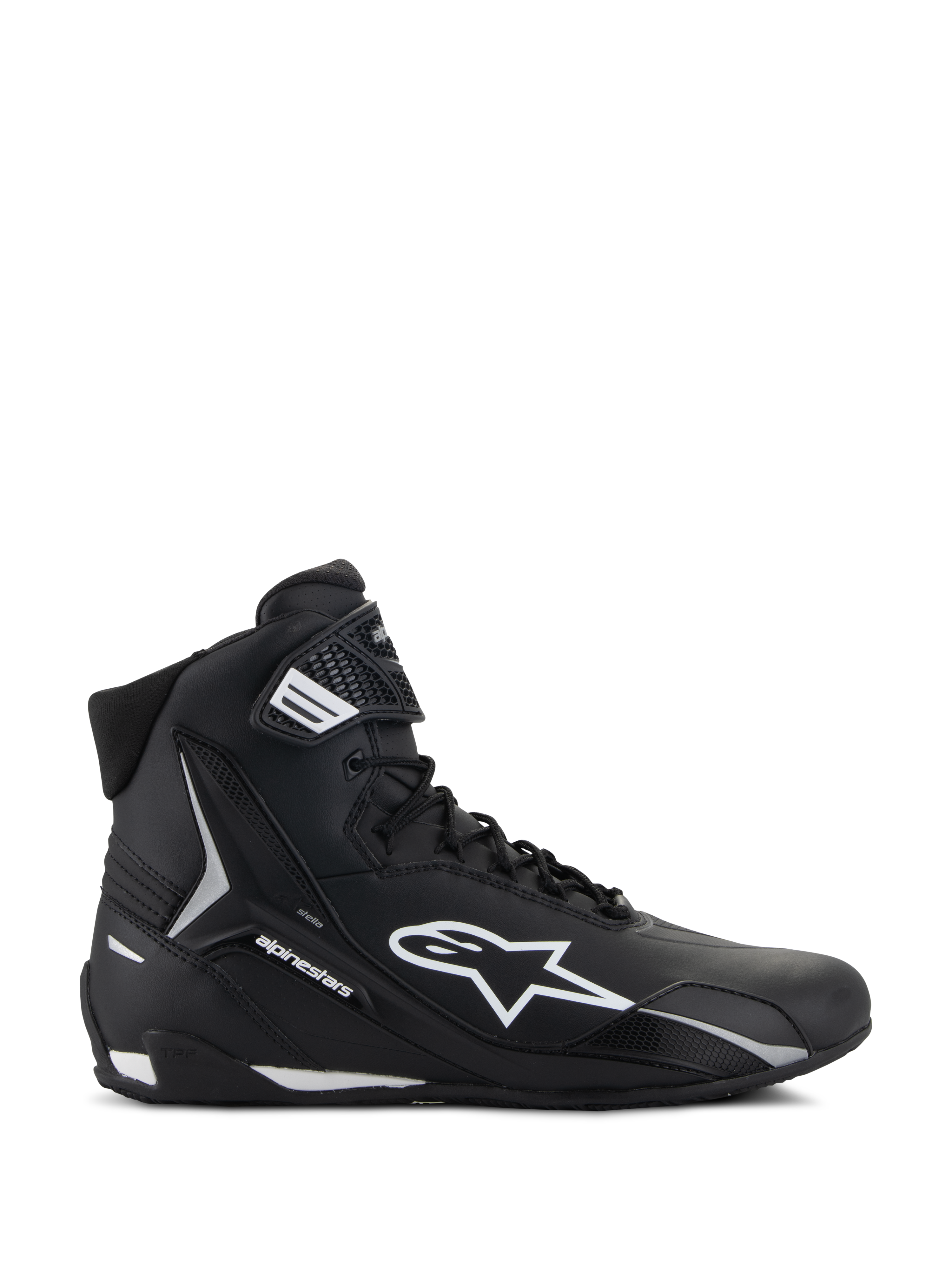Alpinestars Stella Faster-4 schoenen, motorschoenen voor dames, zwart en wit, hoog model met Astars-logo en enkelbandje, zijaanzicht