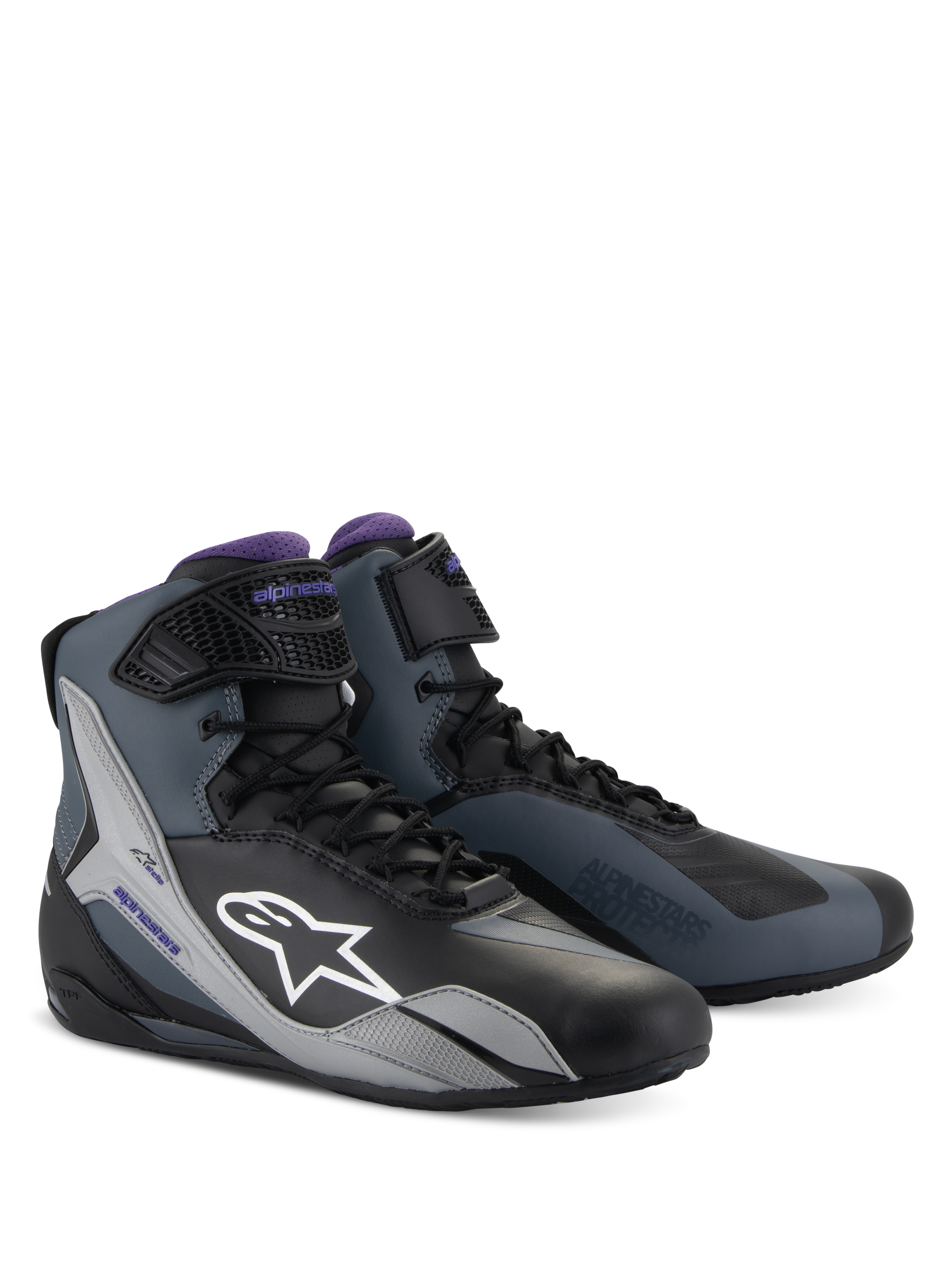 Alpinestars Stella Faster-4 laarzen, dames-motorlaarzen, zwart, grijs en paars, technisch hoog model met vetersluiting.