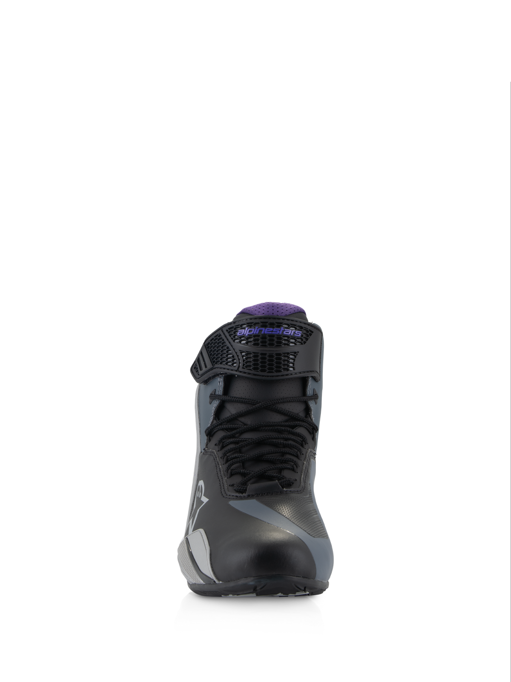 Alpinestars Stella Faster-4 damesmotorlaarzen, Road, zwart grijs violet, vooraanzicht met veters en verstelbare band.