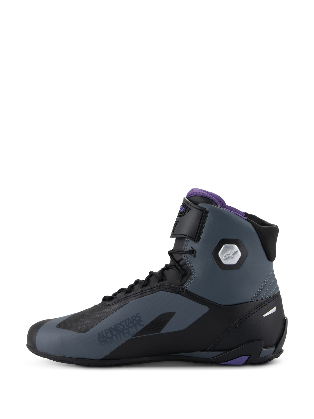 Alpinestars Stella Faster-4 motorlaarzen voor dames, zwart en grijs met paarse accenten en enkelbescherming.