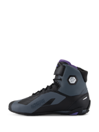 Alpinestars Stella Faster-4 motorlaarzen voor dames, zwart en grijs met paarse accenten en enkelbescherming.