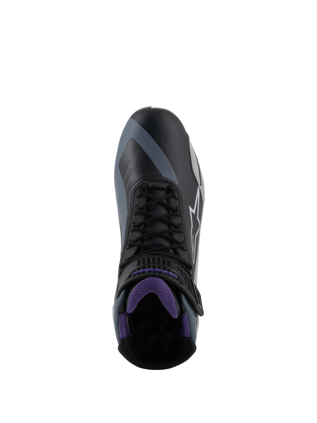 Alpinestars Stella Faster-4 damesmotorlaarzen, zwart en paars, bovenaanzicht met veters en meshvoering.