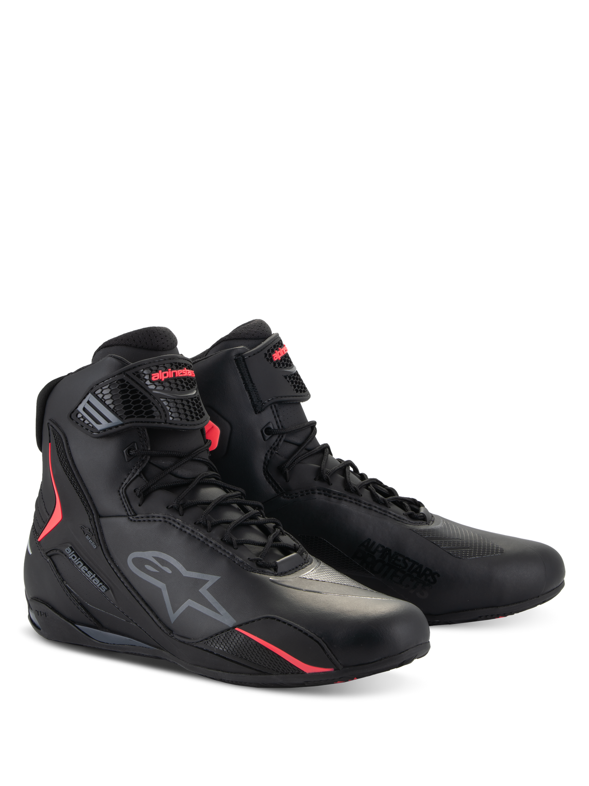 Alpinestars Stella Faster-4 schoenen, motorrijschoenen voor dames, zwart en Diva Pink, technisch high-top ontwerp met vetersluiting en verstelbare band, voorzien van het Alpinestars-logo en levendige roze accenten, strakke beschermende motorschoenen voor op de weg
