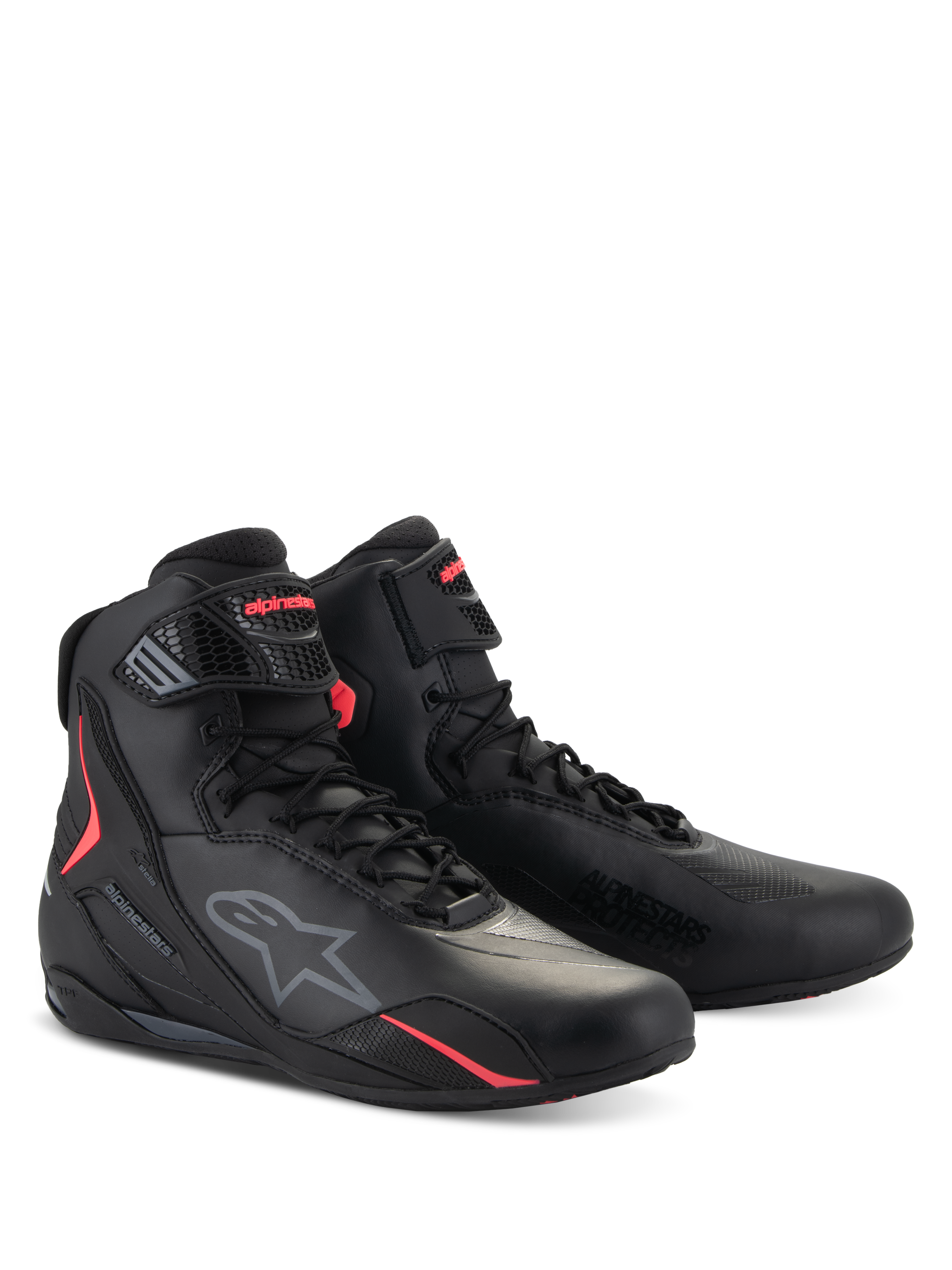 Alpinestars Stella Faster-4 schoenen, motorrijschoenen voor dames, zwart en Diva Pink, technisch high-top ontwerp met vetersluiting en verstelbare band, voorzien van het Alpinestars-logo en levendige roze accenten, strakke beschermende motorschoenen voor op de weg