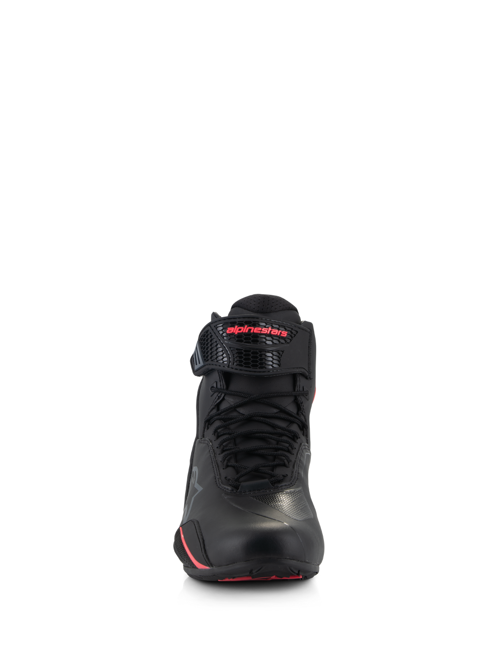 Alpinestars Stella Faster-4 damesschoenen, motorrijschoenen voor dames, zwart en Diva Pink, vooraanzicht met zwarte veters, verstelbare enkelband met roze logo en strakke microfiber constructie