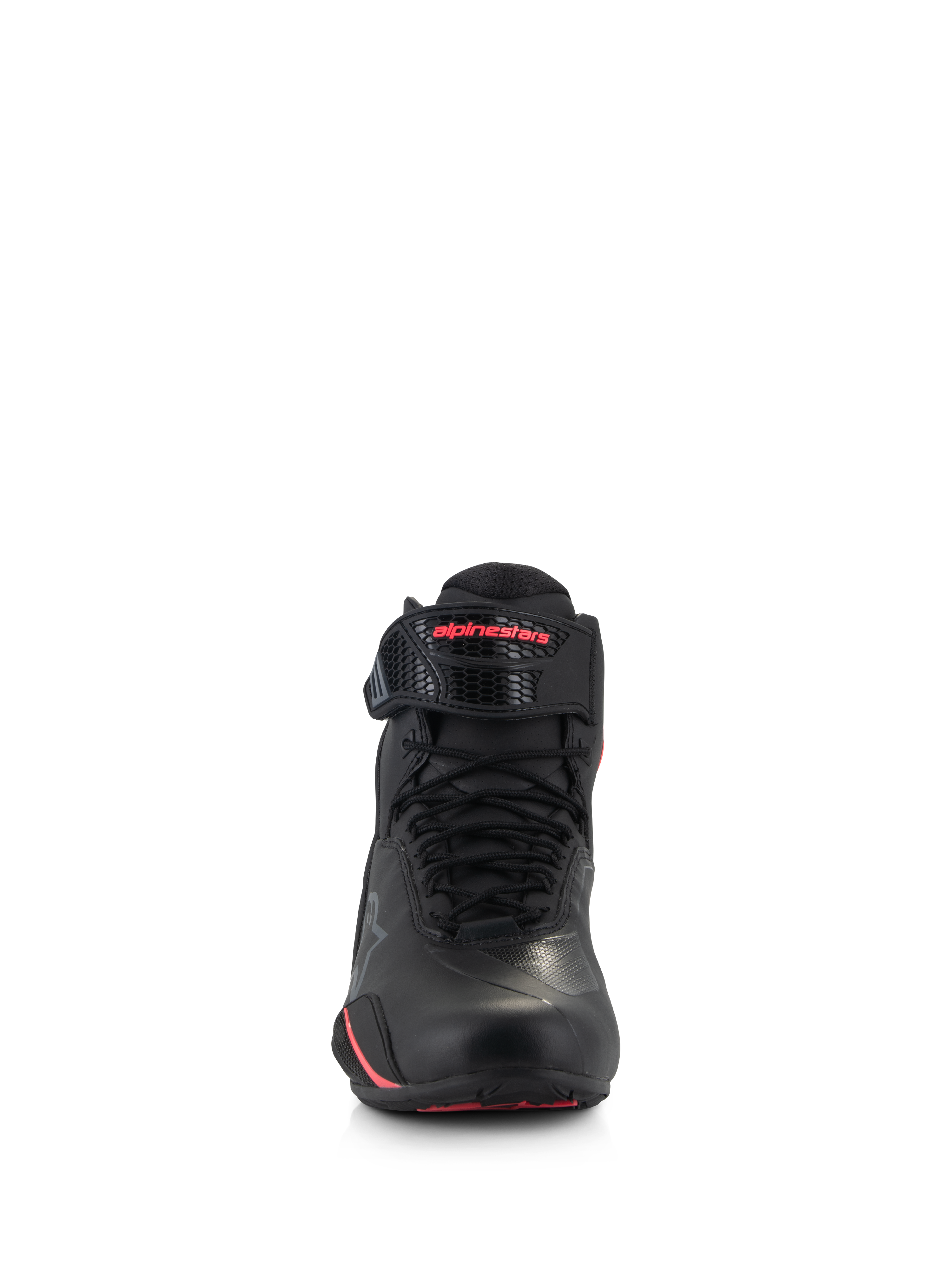 Alpinestars Stella Faster-4 damesschoenen, motorrijschoenen voor dames, zwart en Diva Pink, vooraanzicht met zwarte veters, verstelbare enkelband met roze logo en strakke microfiber constructie