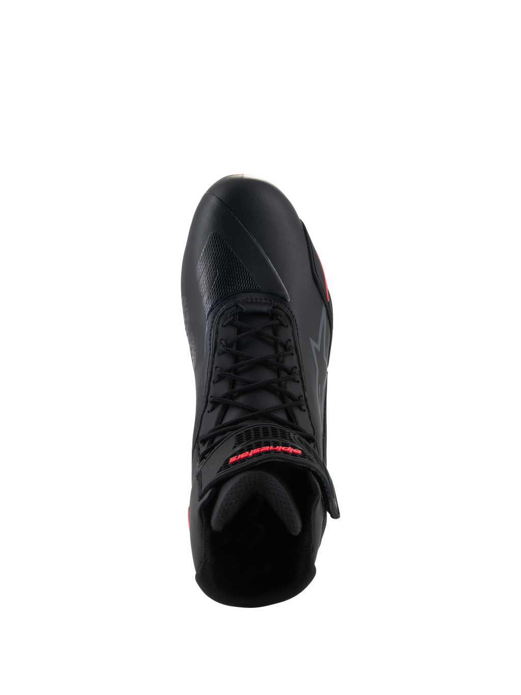 Alpinestars Stella Faster-4 motorschoenen voor dames, zwart en Diva Pink, bovenaanzicht van een enkele motorschoen, voorzien van zwarte veters, een enkelbandje met rode merknaam en een gestroomlijnd bovenwerk van microvezel