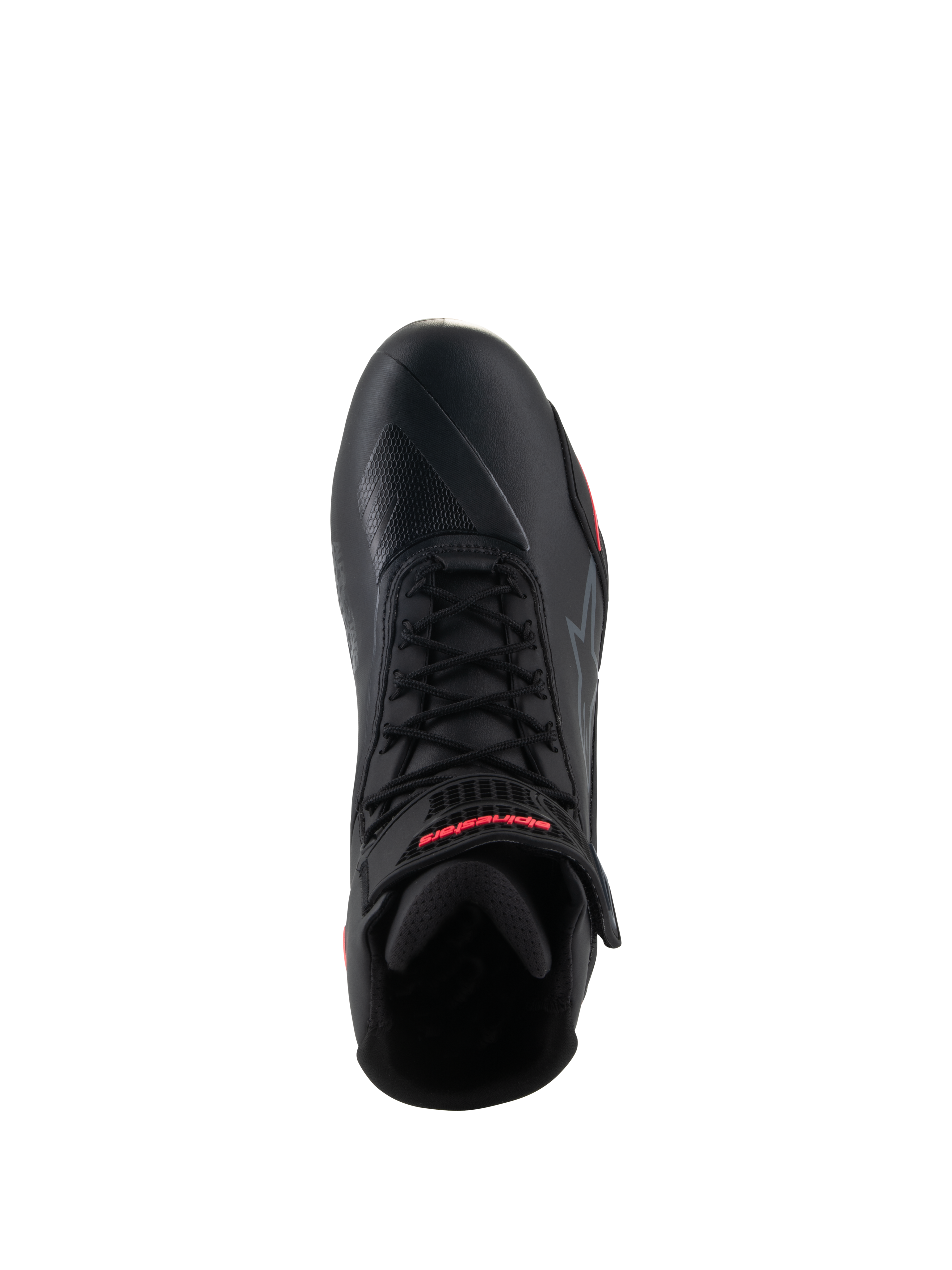 Alpinestars Stella Faster-4 motorschoenen voor dames, zwart en Diva Pink, bovenaanzicht van een enkele motorschoen, voorzien van zwarte veters, een enkelbandje met rode merknaam en een gestroomlijnd bovenwerk van microvezel