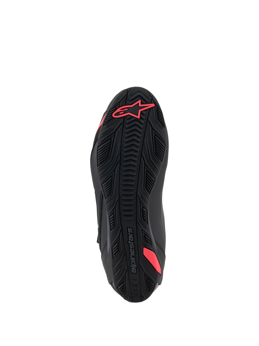 Alpinestars Stella Faster-4 schoenen, onderaanzicht van de zool, zwart en Diva Pink, voorzien van een getextureerd rubberen grippatroon, Alpinestars-logo op de hiel en geïntegreerde schacht voor ondersteuning, duurzame buitenzool voor motorrijden
