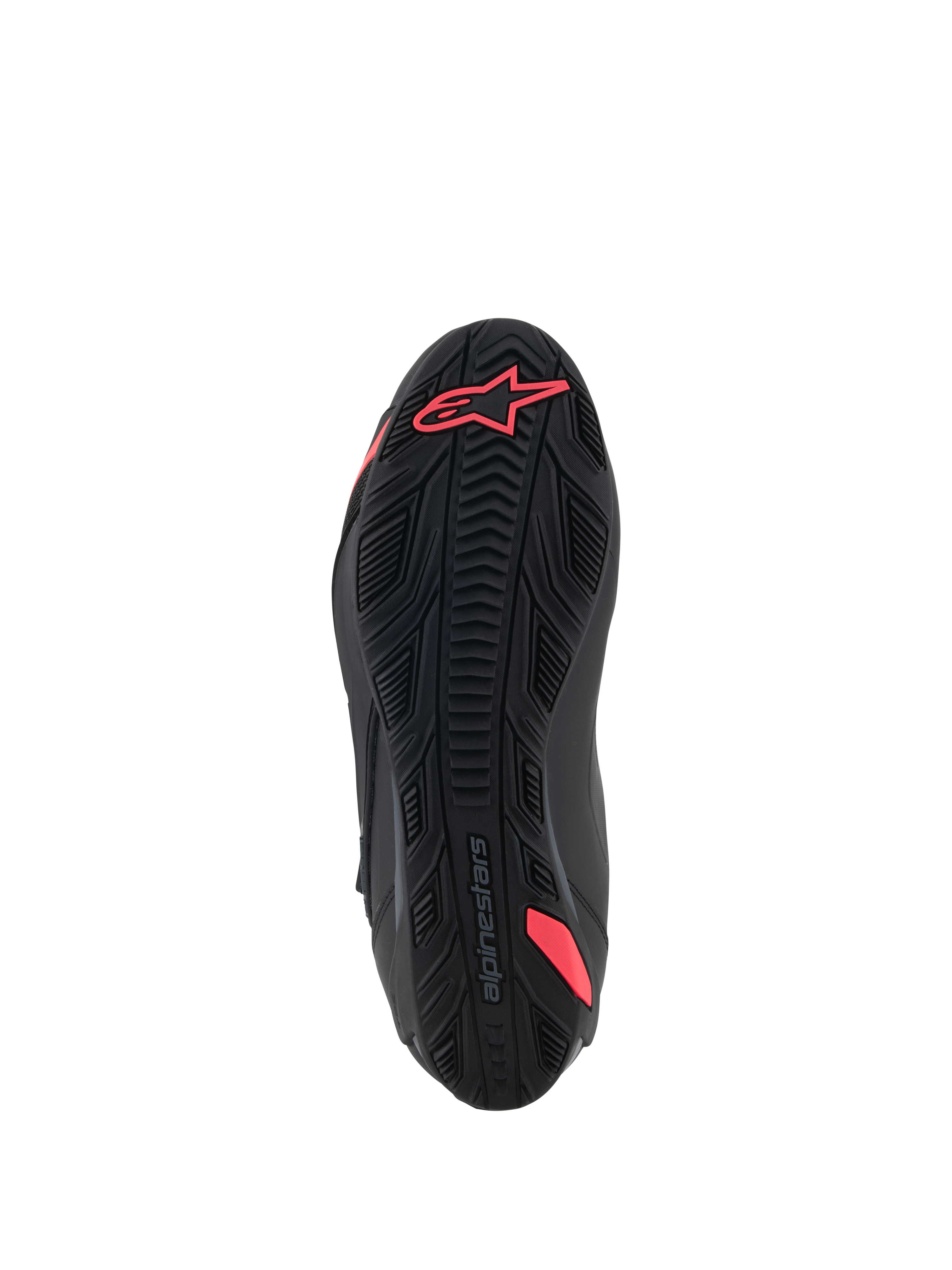 Alpinestars Stella Faster-4 schoenen, onderaanzicht van de zool, zwart en Diva Pink, voorzien van een getextureerd rubberen grippatroon, Alpinestars-logo op de hiel en geïntegreerde schacht voor ondersteuning, duurzame buitenzool voor motorrijden