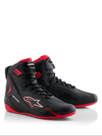 Alpinestars Honda Faster-4 Shoes, Motorcycle Riding Shoes, Black and Red, sleek high-top design with lace-up closure and ankle strap, featuring red soles and Alpinestars and Honda branding.