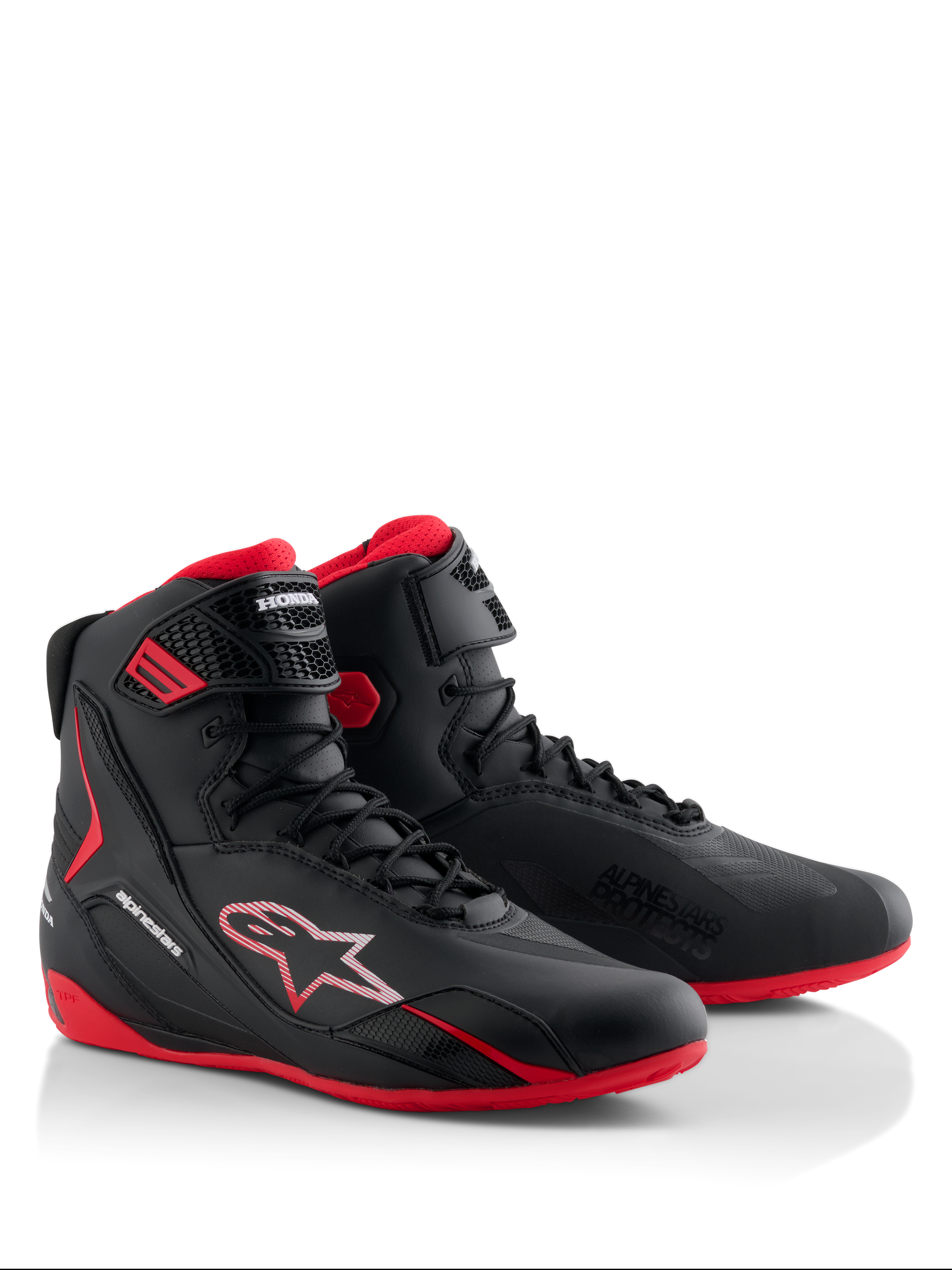 Alpinestars Honda Faster-4 Shoes, Motorcycle Riding Shoes, Black and Red, sleek high-top design with lace-up closure and ankle strap, featuring red soles and Alpinestars and Honda branding.