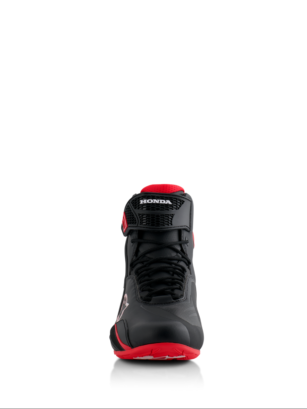 Alpinestars Honda Faster-4 Shoes, Black and Red, Front view, featuring seamless microfiber construction, lace closure, and adjustable ankle strap with Honda branding