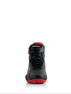 Alpinestars Honda Faster-4 Shoes, Black and Red, Front view, featuring seamless microfiber construction, lace closure, and adjustable ankle strap with Honda branding
