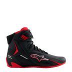 Alpinestars Honda Faster-4 Shoes, Black and Red High-Top Riding Shoe, sleek microfiber design with striped star logo, red sole and padded interior, Honda branding on the heel, performance motorsport footwear