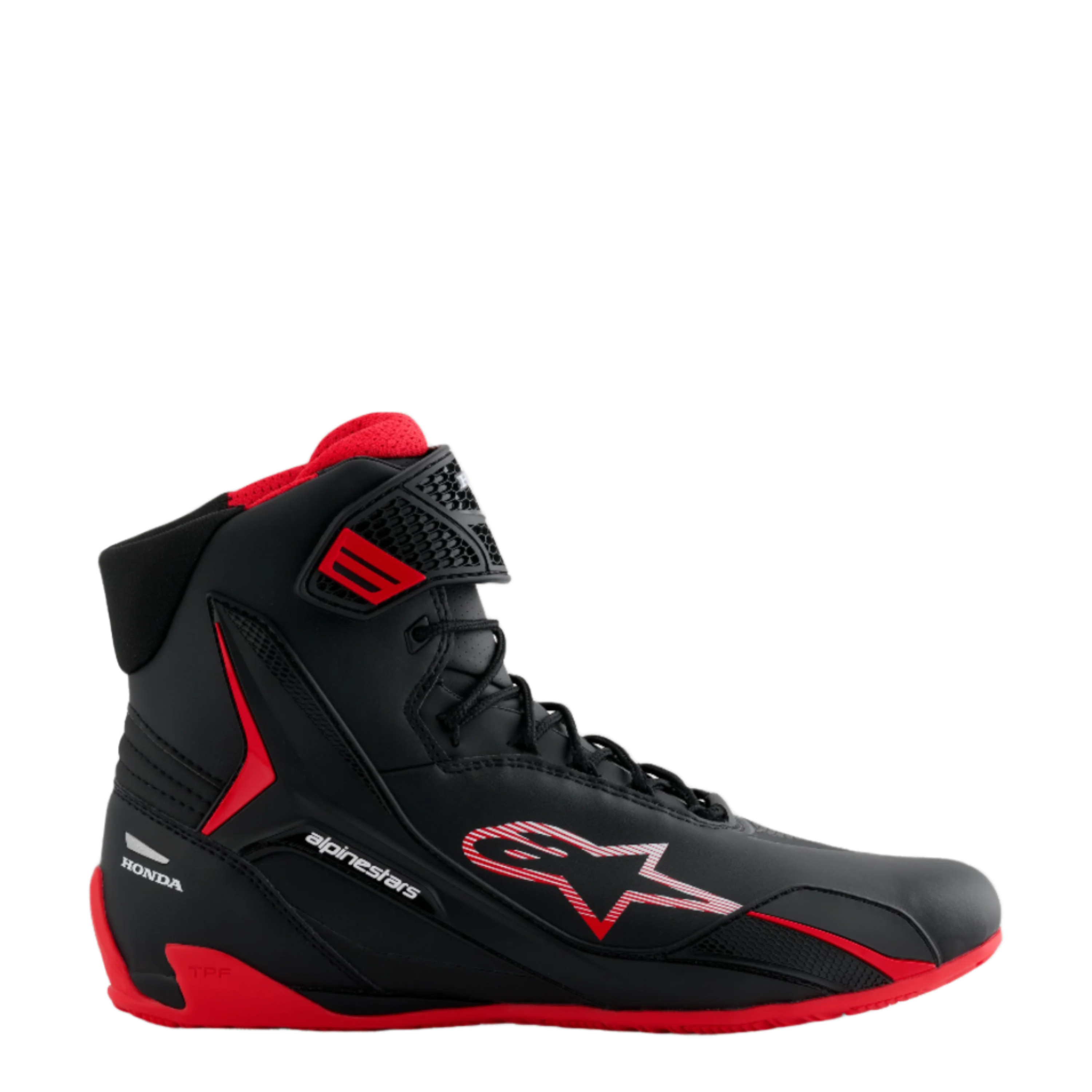 Alpinestars Honda Faster-4 schoenen, zwart-rode hoge motorschoen, strak microvezel ontwerp met gestreept sterlogo, rode zool en gevoerde binnenkant, Honda-branding op de hiel, performance motorsport-schoeisel