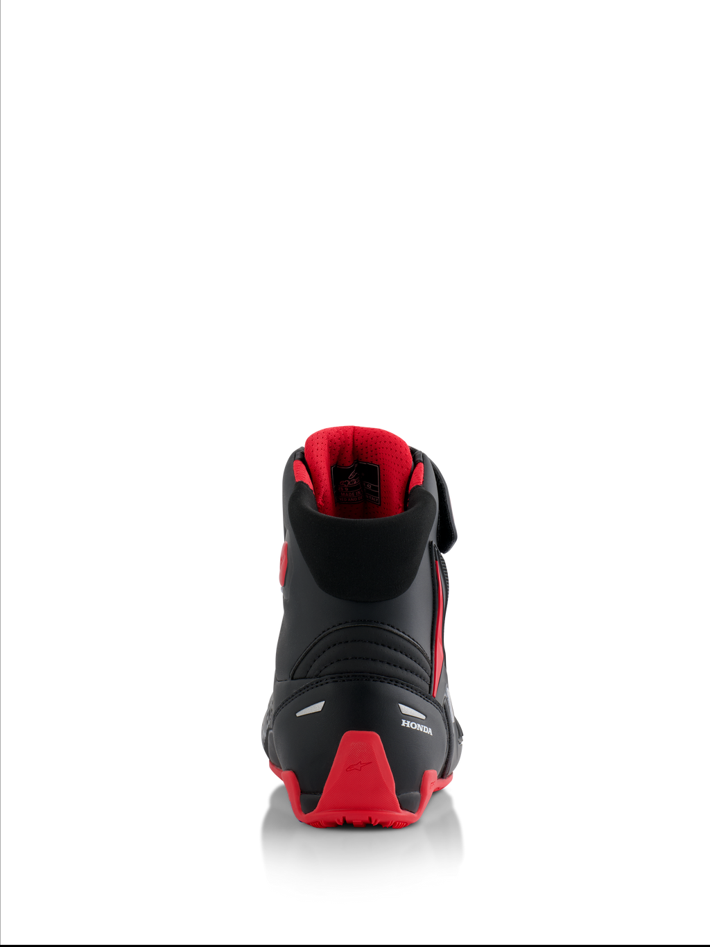 Alpinestars Honda Faster-4 Shoes, motorcycle riding shoes, Black and Red, rear view showing white Honda branding and red TPU heel counter, padded collar with red mesh lining, reflective accents for safety