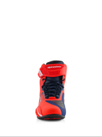 Alpinestars MM93 Faster-4 Shoes, motorcycle riding shoes, Red Fluo and Dark Blue, front view showing technical microfiber upper, lace-up closure with adjustable hook-and-loop ankle strap, sporty high-performance design