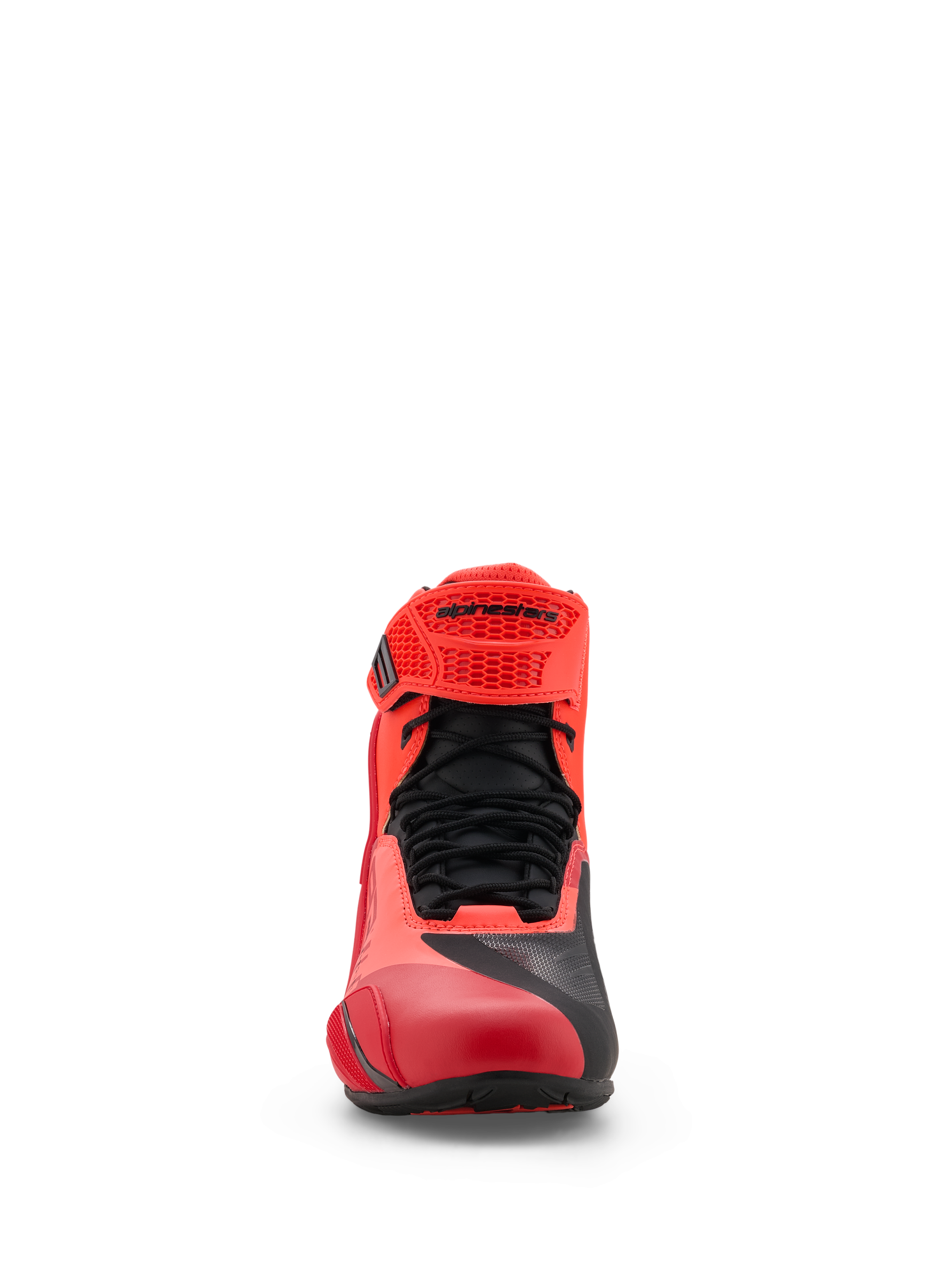 Alpinestars MM93 Faster-4 schoenen, motorschoenen, fluo rood en felrood met zwarte accenten, vooraanzicht met zwarte veters, een rode verstelbare TPR-band met Alpinestars-branding en lichtgewicht microvezelconstructie.