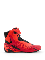 Alpinestars MM93 Faster-4 Shoes, Motorcycle Riding Shoes, Red Fluo Bright Red and Black, side profile view, featuring bold 93 Marc Marquez branding, lace-up closure with a hook-and-loop ankle strap, and protective TPR details.
