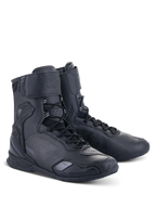Alpinestars Superfaster Shoes, Black Black high-top motorcycle riding shoes, featuring a speed lace system, reinforced ankle and heel protection, sleek microfiber construction for road riding.