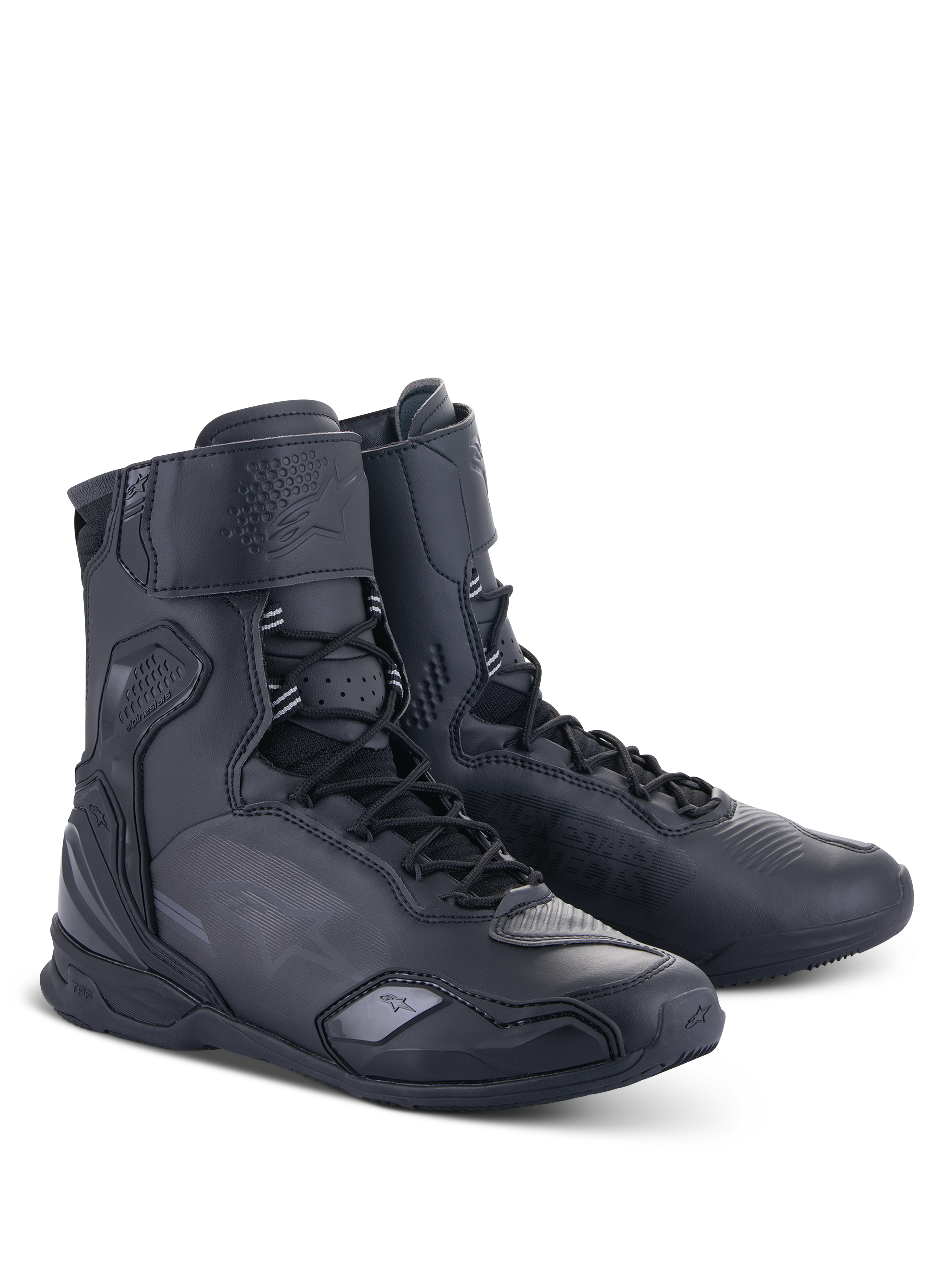 Alpinestars Superfaster Shoes, Black Black high-top motorcycle riding shoes, featuring a speed lace system, reinforced ankle and heel protection, sleek microfiber construction for road riding.