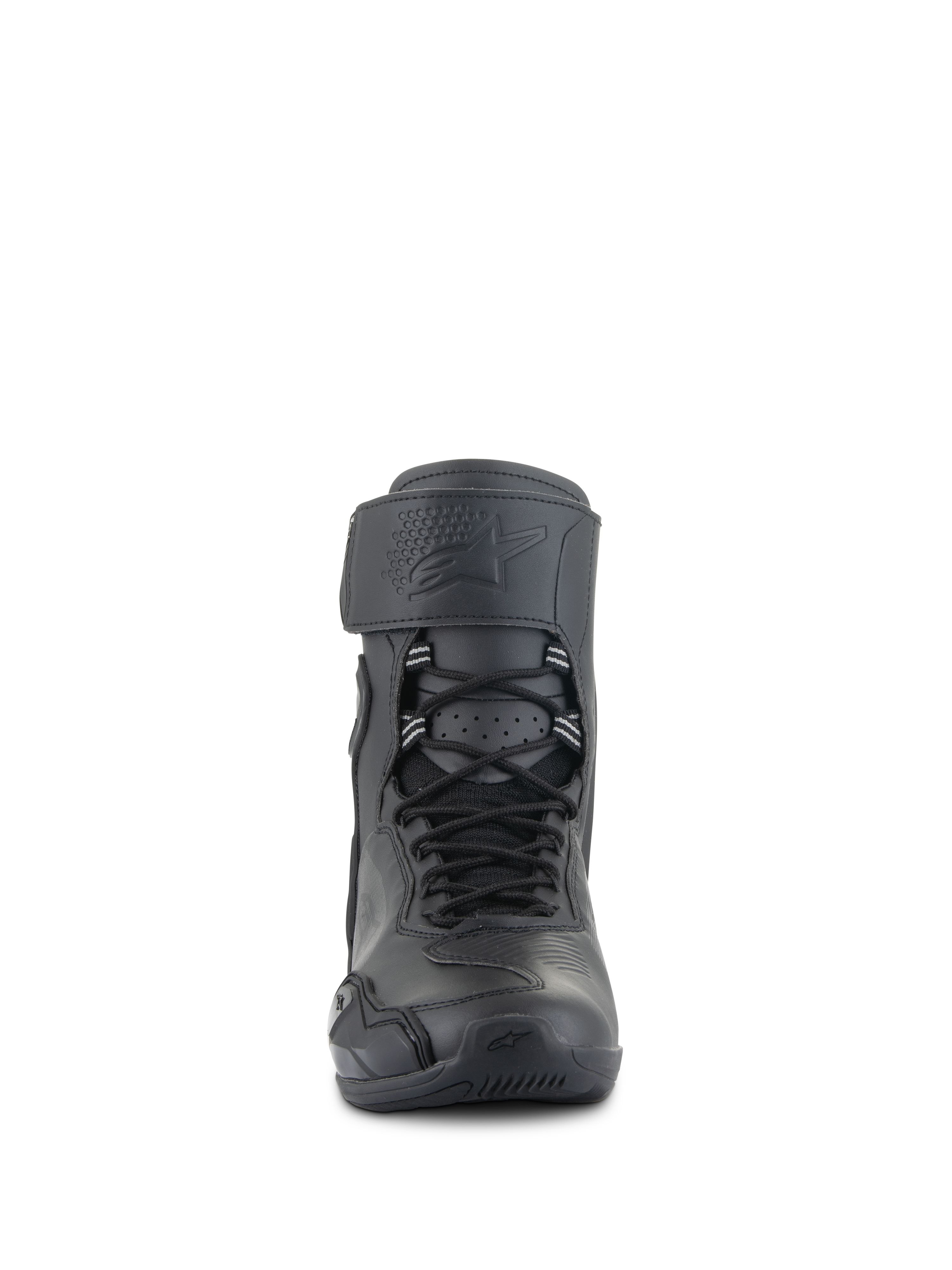 Alpinestars Superfaster Riding Shoes, Black Black, front view of tall motorcycle footwear featuring a speed lace system, wide top strap with embossed logo, and streamlined protective design