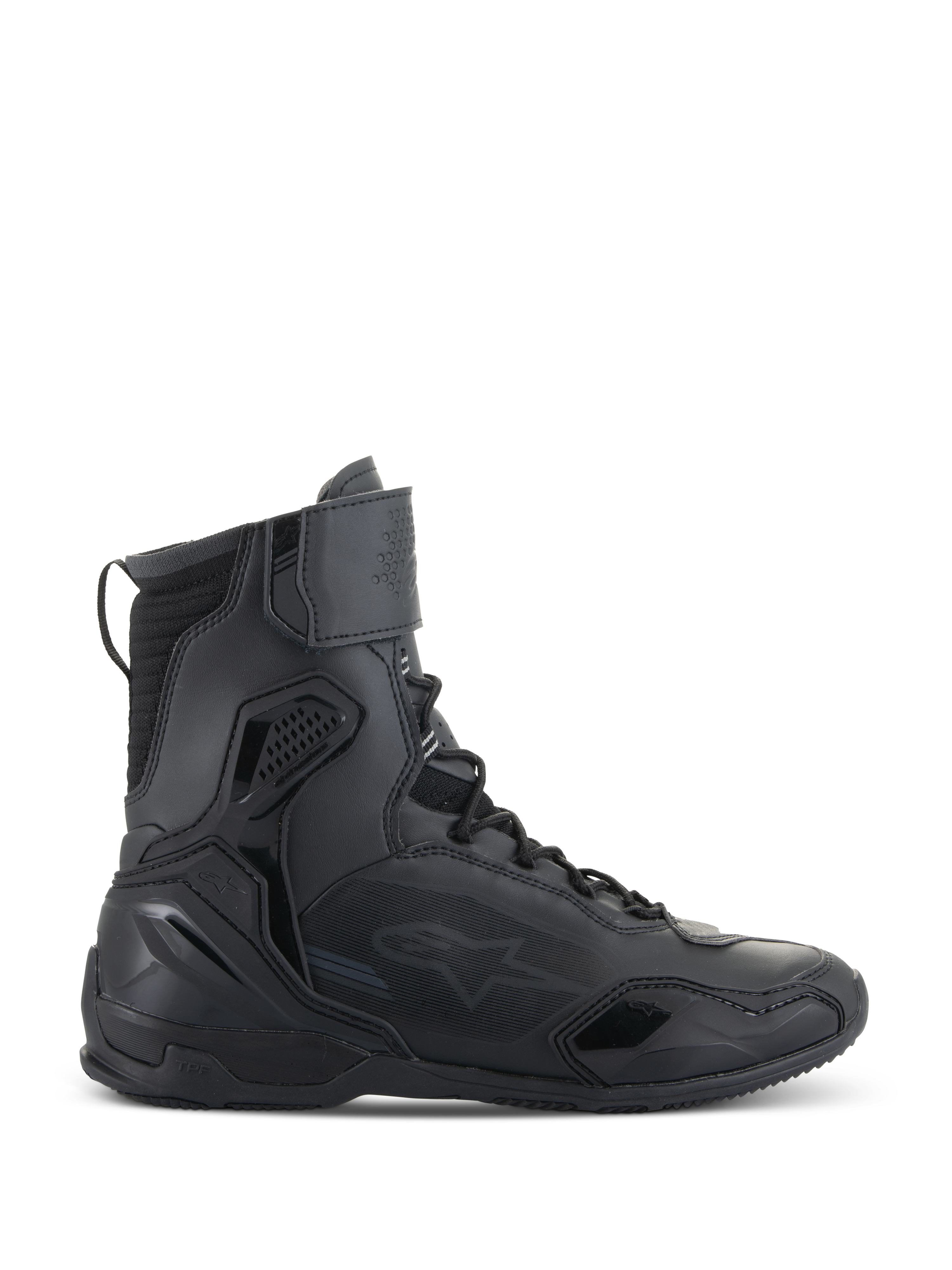 Alpinestars Superfaster Shoes, Motorcycle Riding Shoes, Black, side profile view of high-top technical footwear with integrated protection, speed lace system, and velcro ankle strap