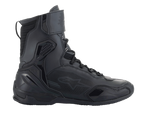 Alpinestars Superfaster Shoes, Motorcycle Riding Shoes, Black Black, tall high-top profile with speed lace system and ankle strap, featuring microfiber and Rideknit panels, reinforced TPU heel counter and toe protection, sleek athletic design for road riding