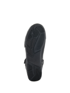 Alpinestars Superfaster Shoes, Black, bottom view showing the rubber sole with engineered grip and tread patterns, featuring the Alpinestars logo and branding, designed for motorcycle riding stability.