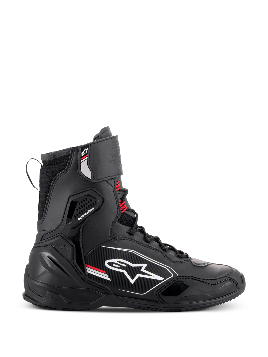 Alpinestars Superfaster schoenen, hoge motorrijschoenen in zwart, grijs en felrood, zijaanzicht met een wit Alpinestars-logo, rode veteraccenten en geïntegreerde beschermende panelen voor enkel- en hielondersteuning.
