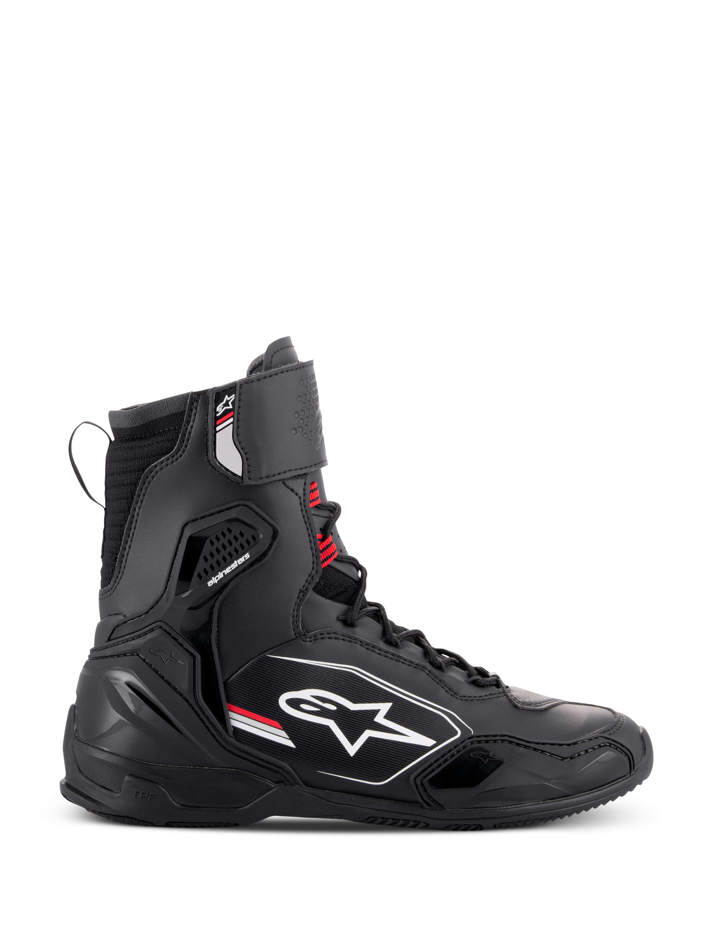 Alpinestars Superfaster schoenen, hoge motorrijschoenen in zwart, grijs en felrood, zijaanzicht met een wit Alpinestars-logo, rode veteraccenten en geïntegreerde beschermende panelen voor enkel- en hielondersteuning.