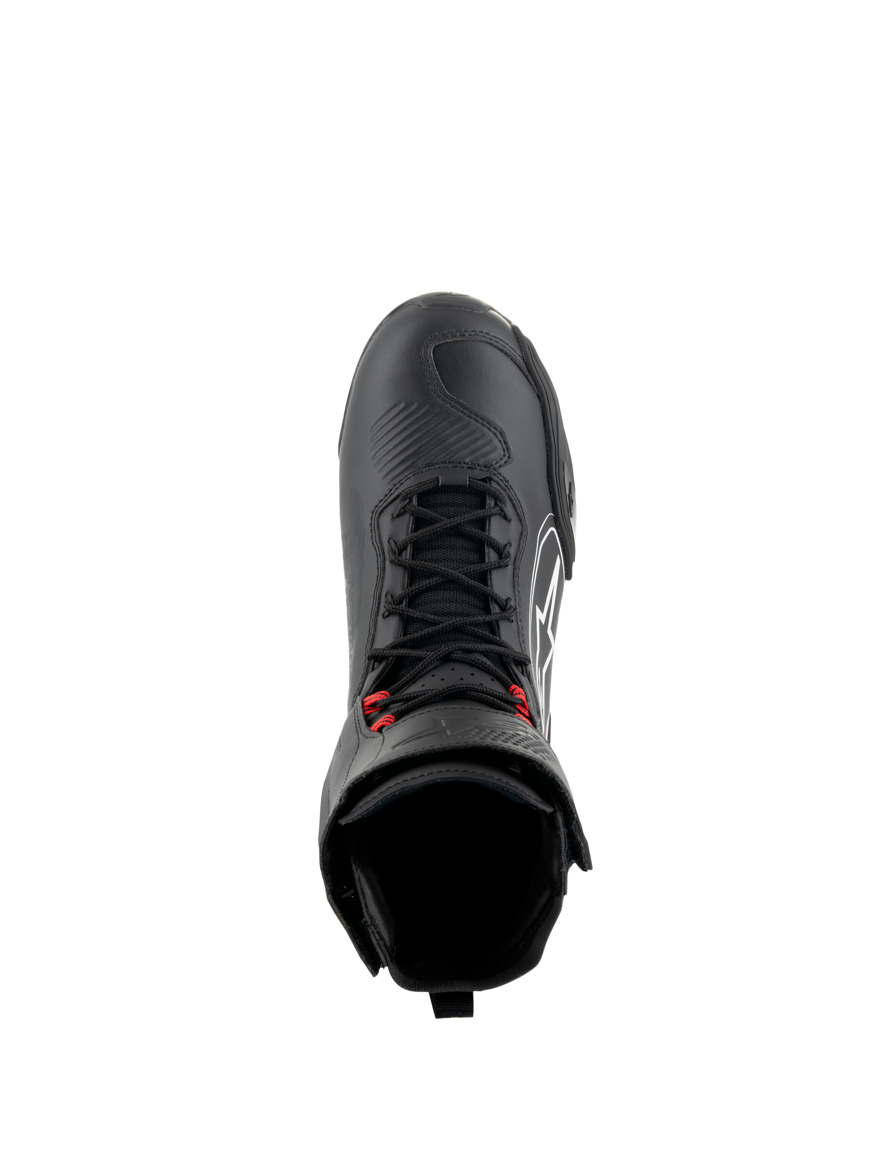 Alpinestars Superfaster Shoes, zwart/grijs/felrode motorschoenen, bovenaanzicht met zwarte snelveters met rode accenten, versterkte neus en hoge enkelkraag, technisch schoeisel voor weggebruik en sportief rijden