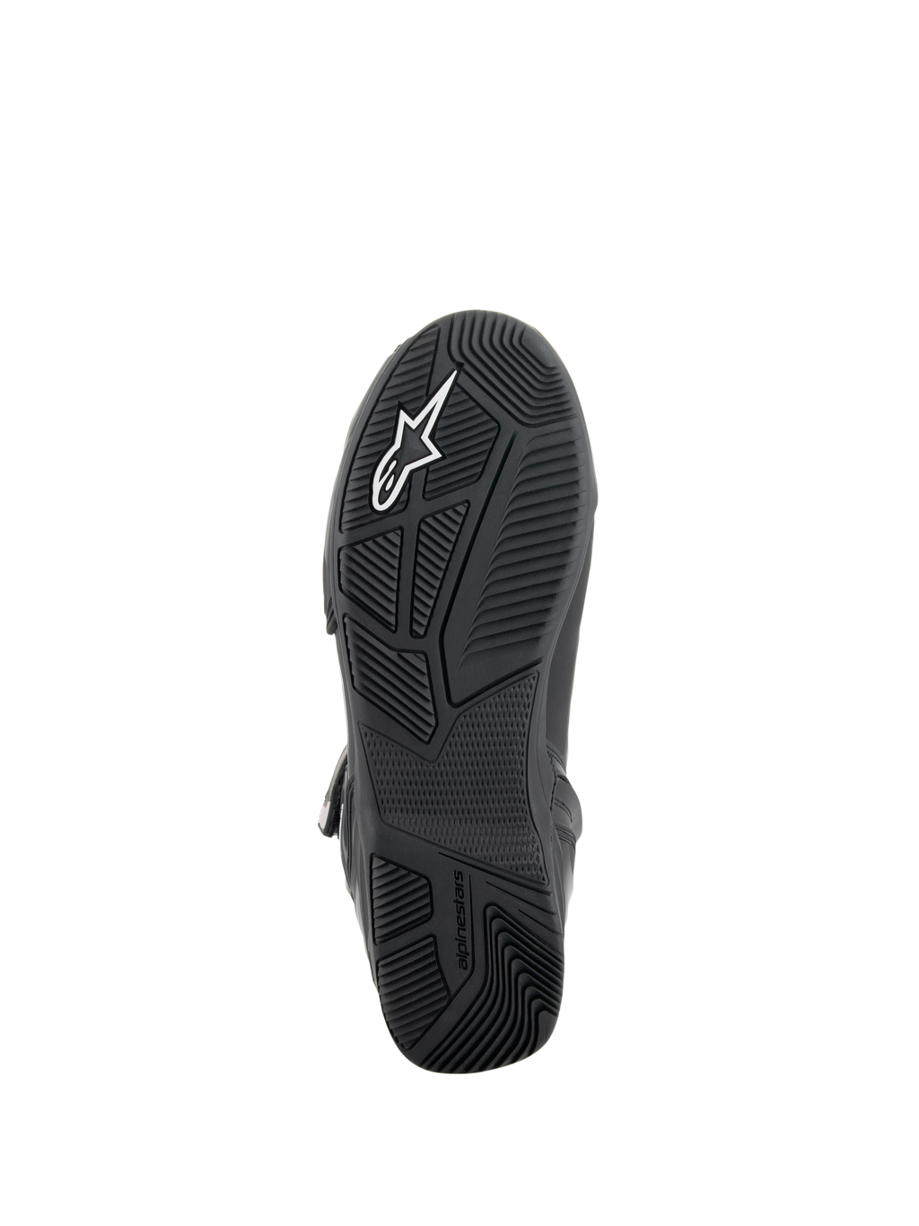 Alpinestars Superfaster schoenen, Zwart/Grijs/Helderrood, onderaanzicht van de zwarte rubberen zool met een technisch ontworpen profiel voor grip, integratie van het TPF-beschermingsframe en wit Alpinestars-logo.