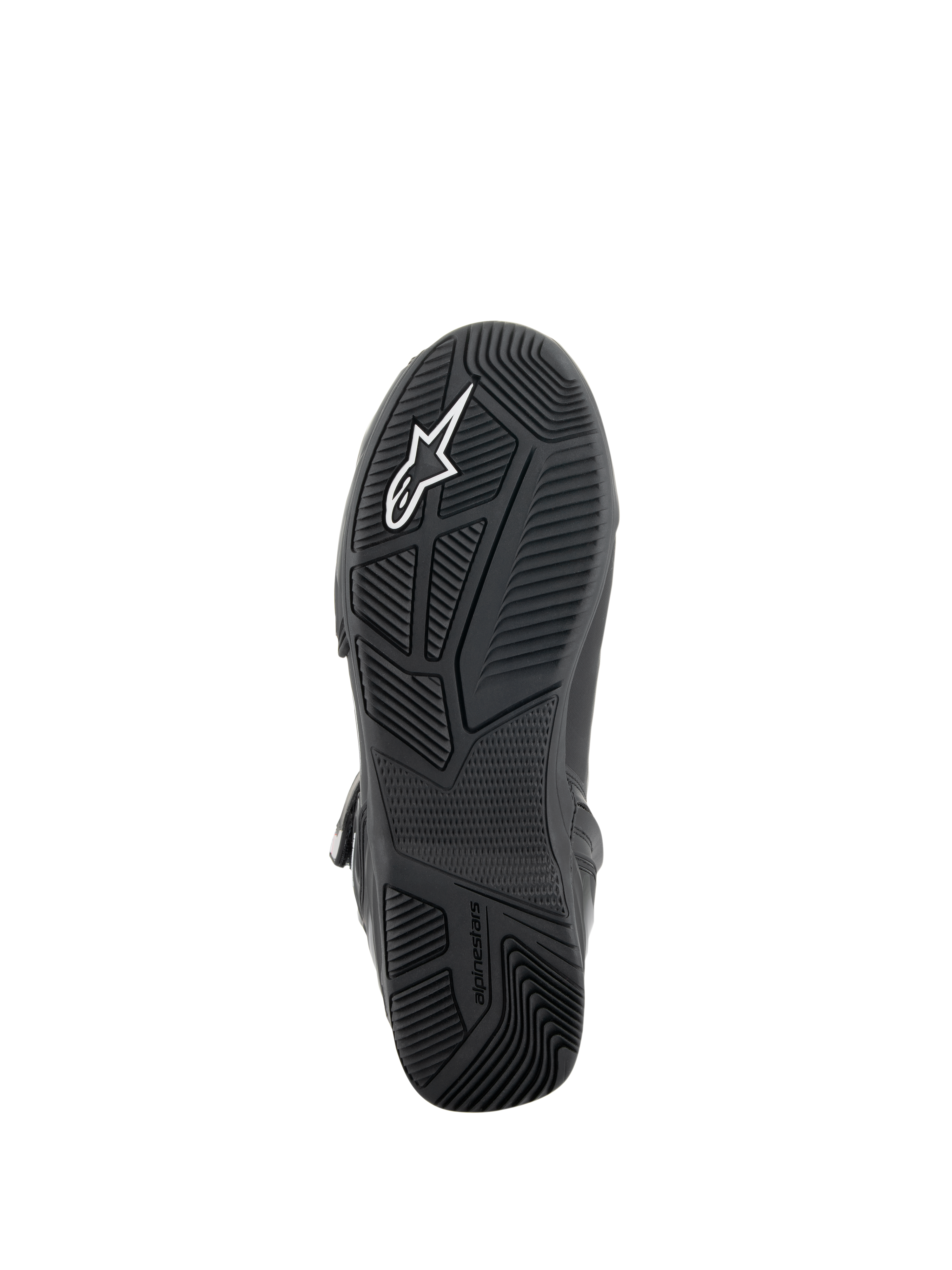 Alpinestars Superfaster schoenen, onderaanzicht van de zool, zwarte rubberen buitenzool met technisch ontworpen grip-patronen in meerdere richtingen, wit Alpinestars-logo en reliëfopdruk, technisch schoeisel voor motorrijden