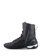 Alpinestars Superfaster Shoes, high-top motorcycle riding shoes, Black with Bright Red and White accents, featuring a medial side zipper, speed lace system, and reinforced TPU heel counter, sleek athletic design for road and sport riding