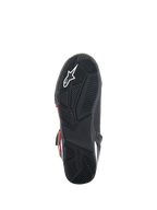 Alpinestars Superfaster Shoes, sole view, black rubber outsole with engineered grip pattern, featuring white Astars logo and embossed Alpinestars branding, designed for motorcycle riding and walking comfort
