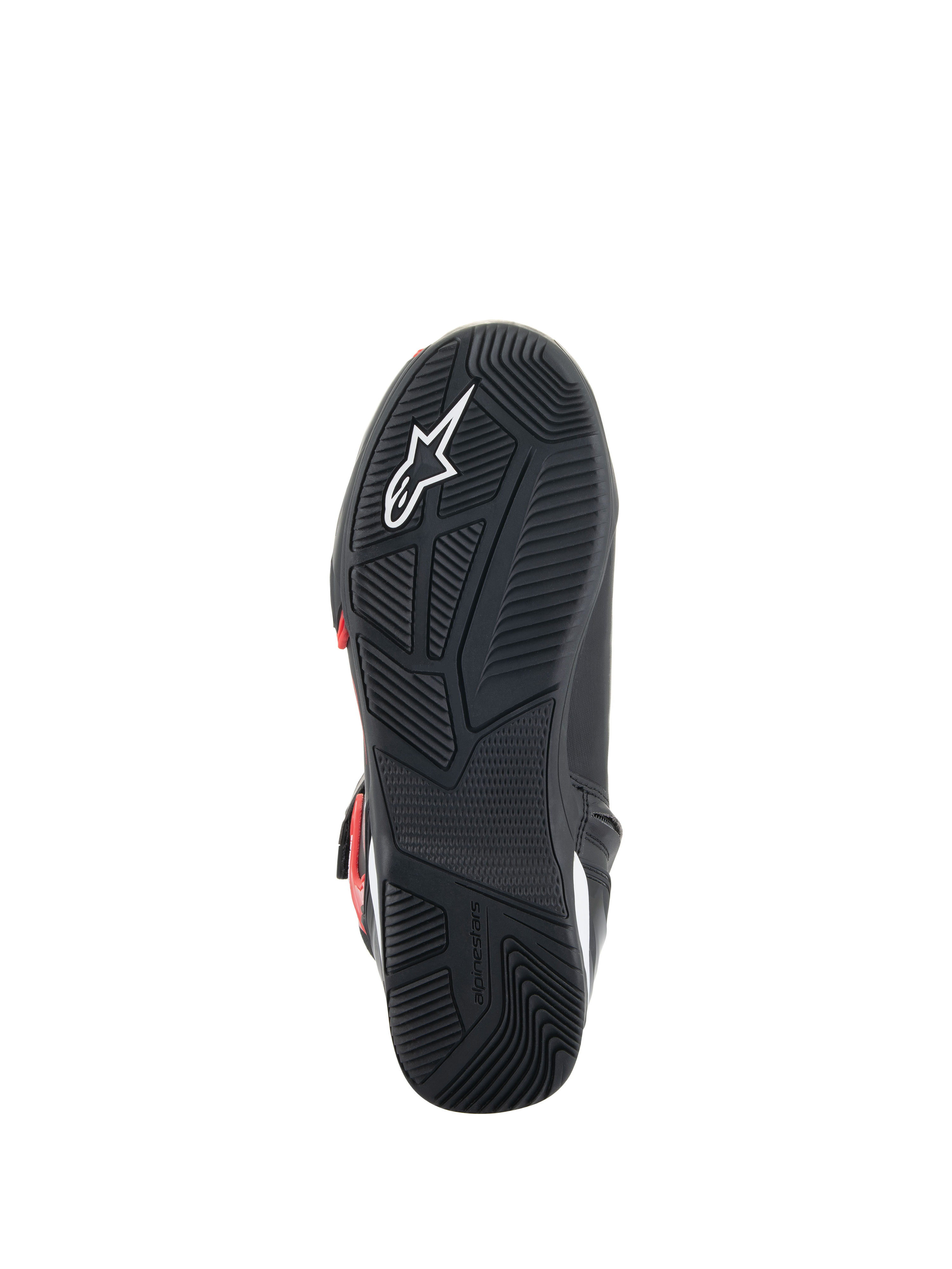 Alpinestars Superfaster Shoes, sole view, black rubber outsole with engineered grip pattern, featuring white Astars logo and embossed Alpinestars branding, designed for motorcycle riding and walking comfort