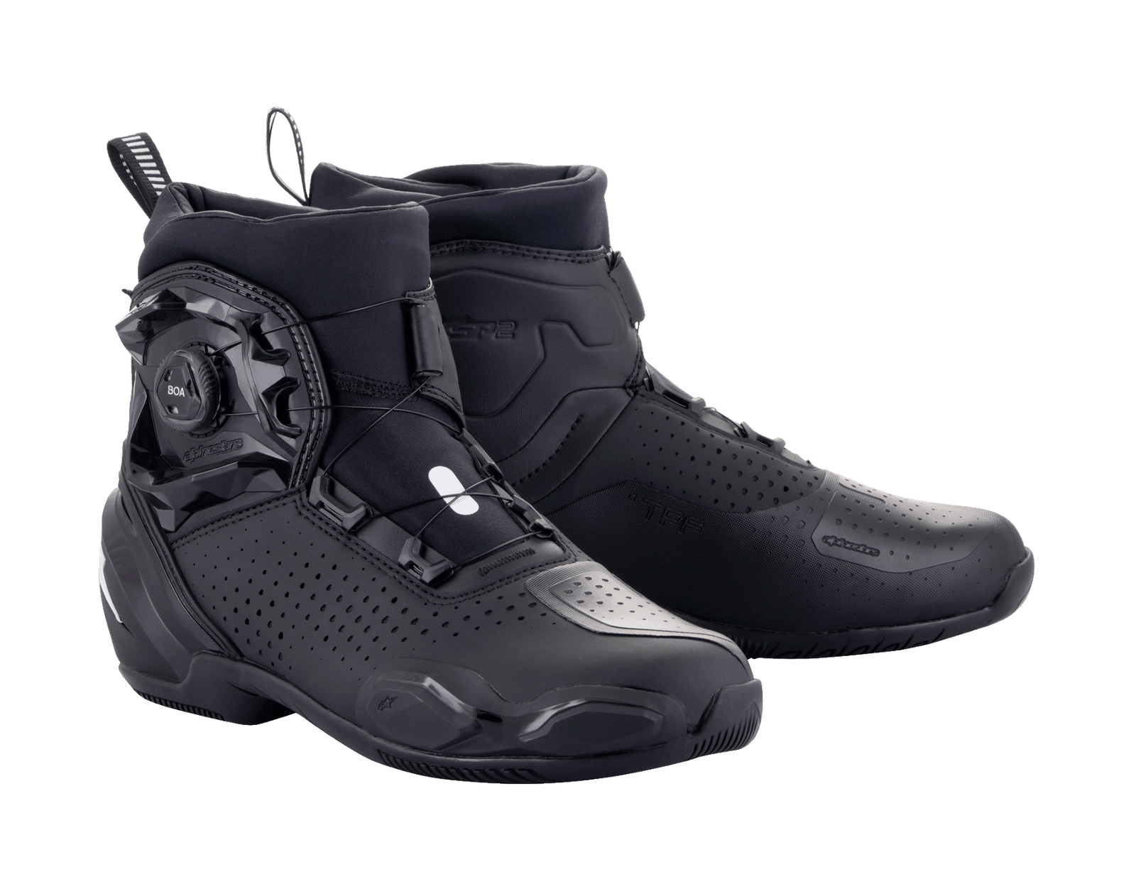 Alpinestars SP-2 Riding Shoes, motorrijschoenen, zwart, voorzien van een BOA-snelsluitingssysteem aan de zijkant, geperforeerd microvezel bovenwerk voor ademend vermogen en een strak sportief laag profiel ontwerp