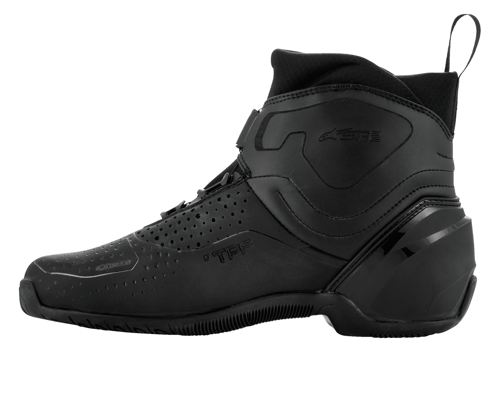 Alpinestars SP-2 rijschoenen, motorrijschoenen, zwart, zijaanzicht met geperforeerd bovenwerk van microvezel, BOA-snelsluitingssysteem en een slank sportief profiel met TPF-bescherming.