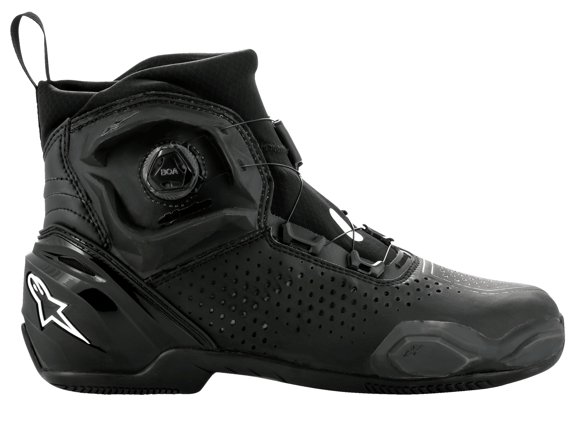 Alpinestars SP-2 motorschoenen, sportieve motorschoenen, zwart, met BOA-snelsluitingssysteem, geperforeerde microvezelconstructie, wit Astar-logo op de hiel, slank profiel voor op de weg
