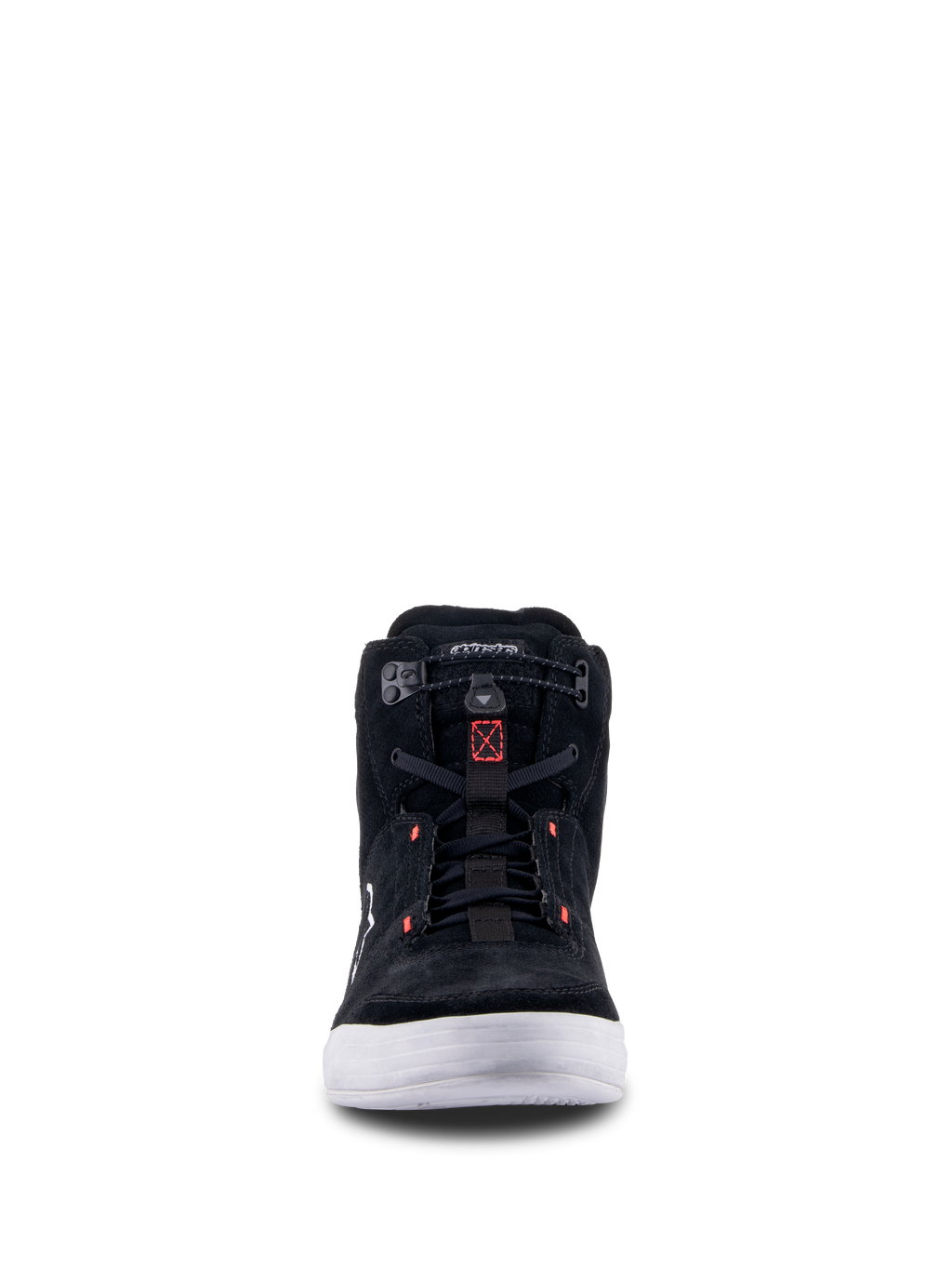 Alpinestars Chrome Shoes, Black Cool Gray Red Fluo, front view of urban motorcycle riding shoe featuring split suede construction, white sole, and elasticated closure with red accents.