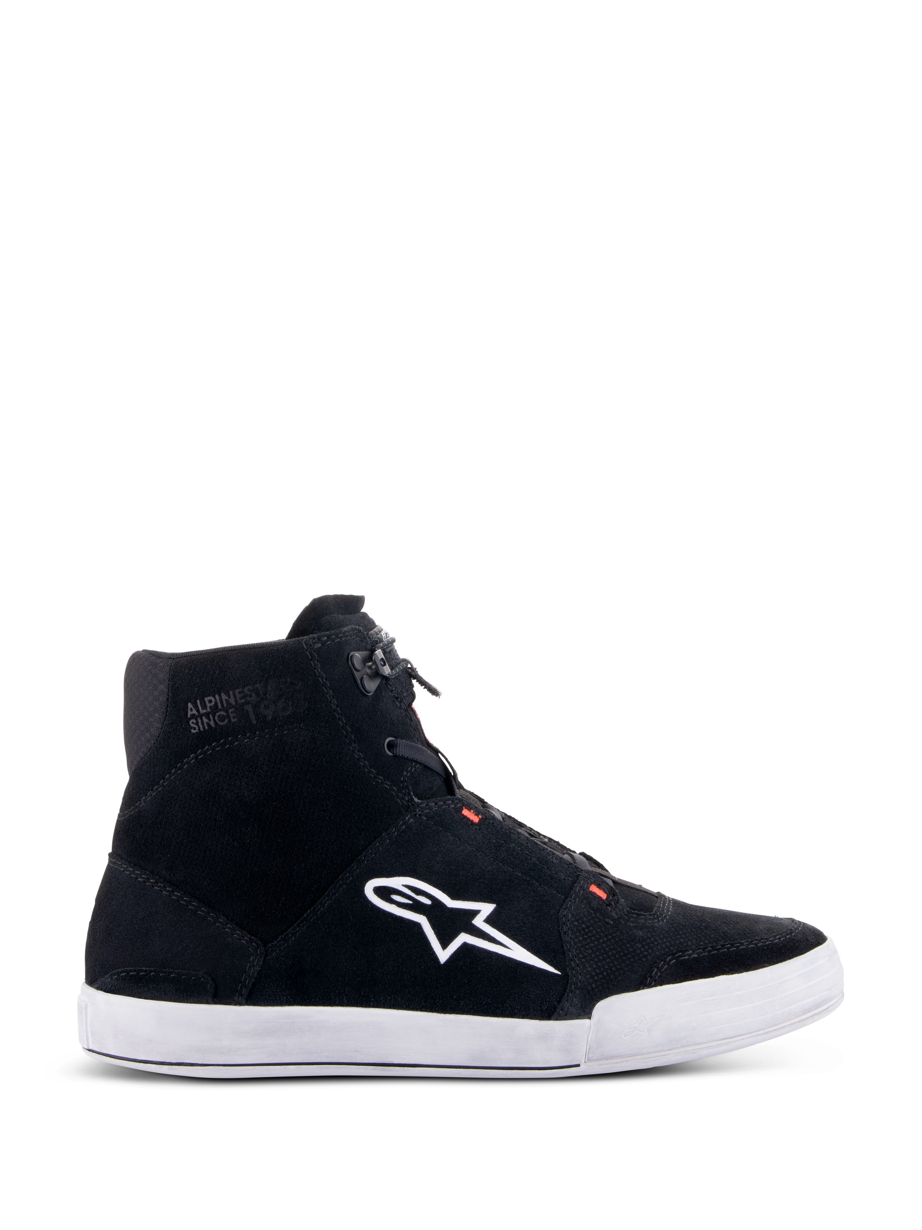 Alpinestars Chrome Shoes, Urban Riding Shoes, Black and White with Red Fluo accents, side profile featuring split suede construction, large white A-star logo, white rubber cup sole, and casual sneaker-inspired silhouette for motorcycle commuting