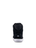 Alpinestars Chrome Shoes, Urban Motorcycle Riding Shoes, Black and White, rear view showing split suede construction, white rubber sole with heel logo, and small reflective rectangular detail.