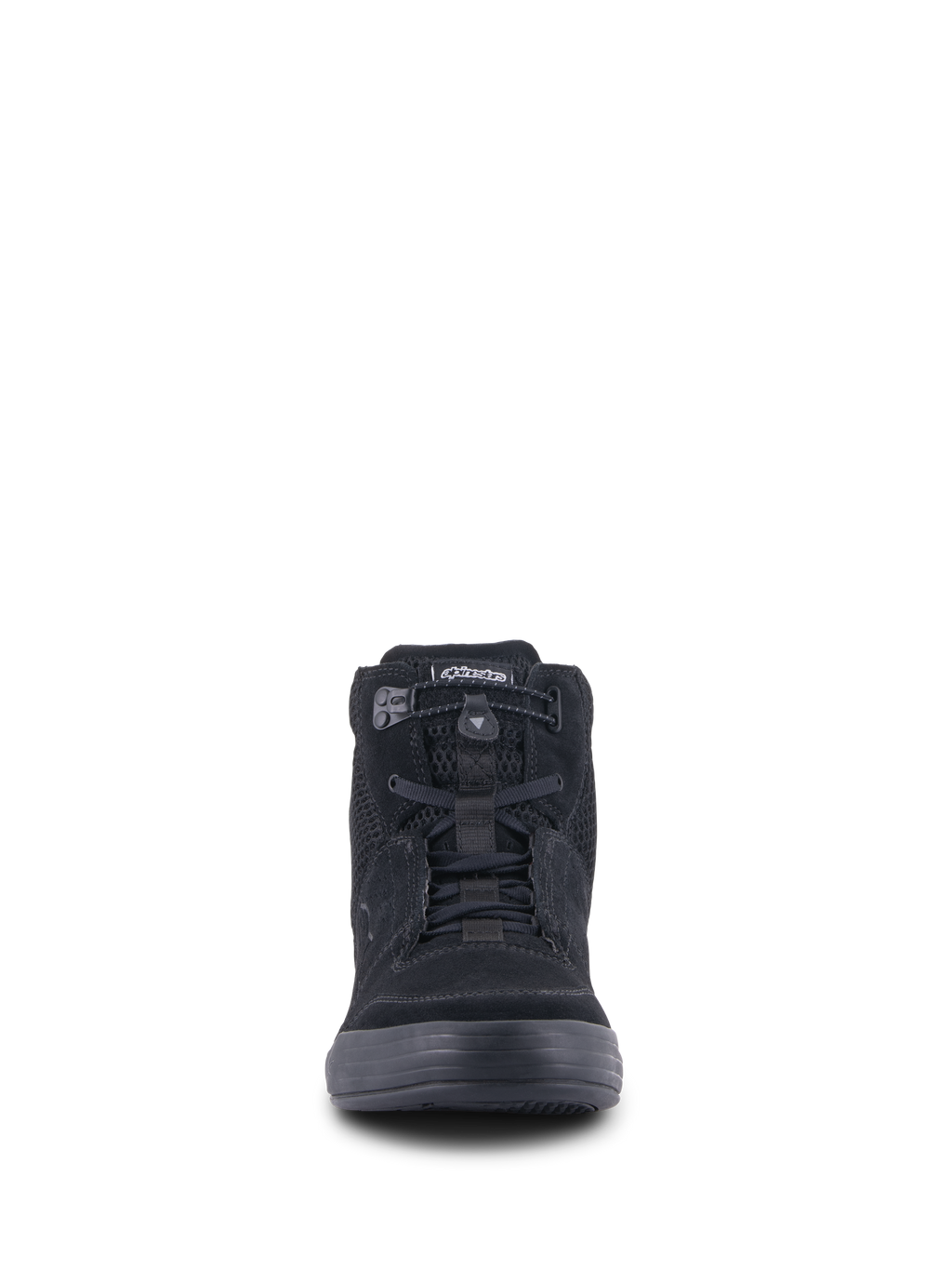 Alpinestars Chrome Air schoen, urban motorrijschoen, zwart, vooraanzicht met bovenwerk van gespleten suède en mesh, elastische vetersluiting en casual high-top sneakerontwerp